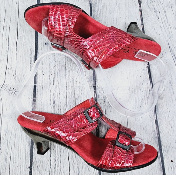 HELLE COMFORT | snake reptile print leather open toe comfort heeled sandals - Picture 3 of 13